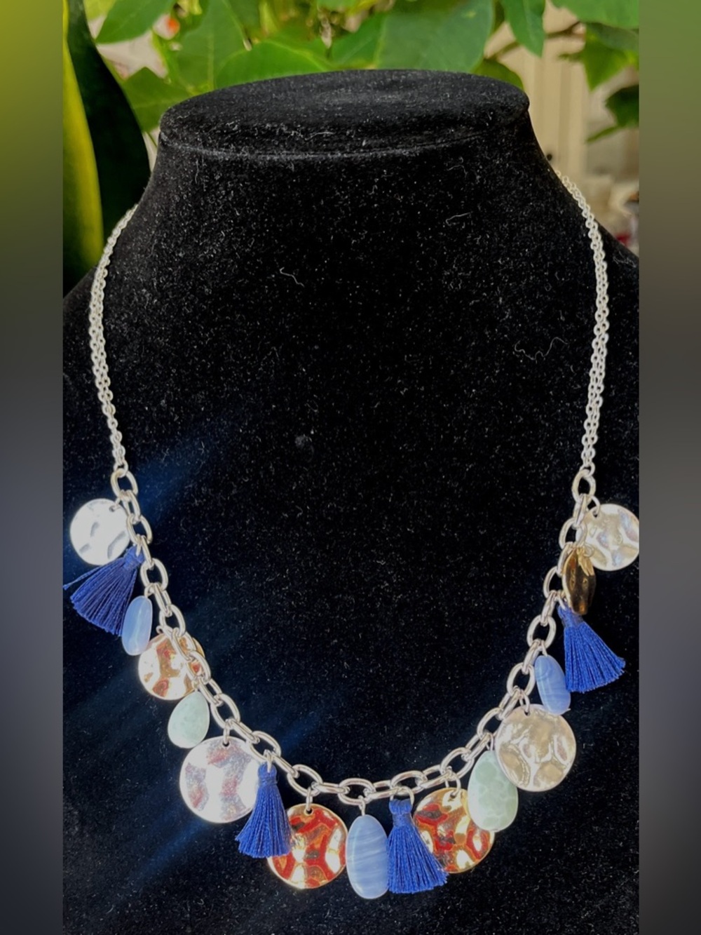 Blue Tassel Two-tone Disc Charm Necklace - Women Jewelry